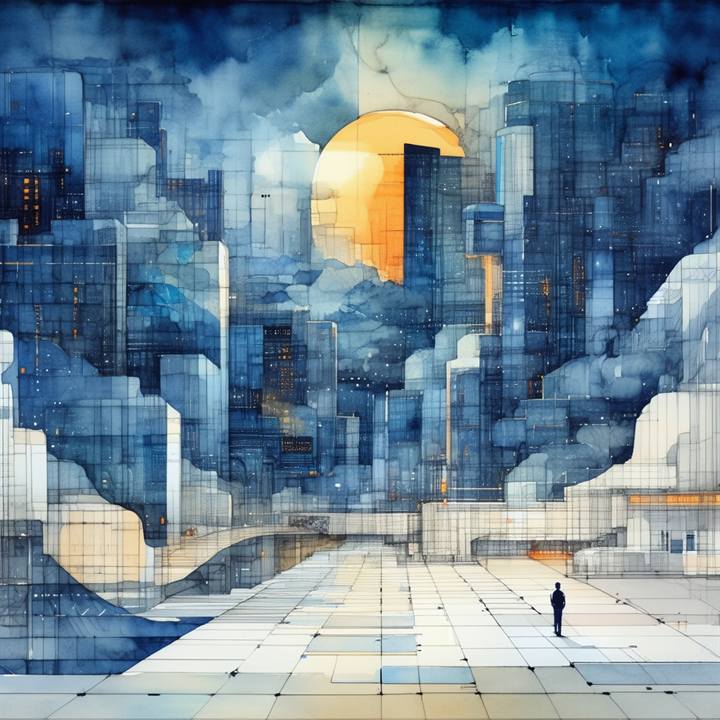 A blue cubist-mosaic cityscape with a lone figure and a low moon