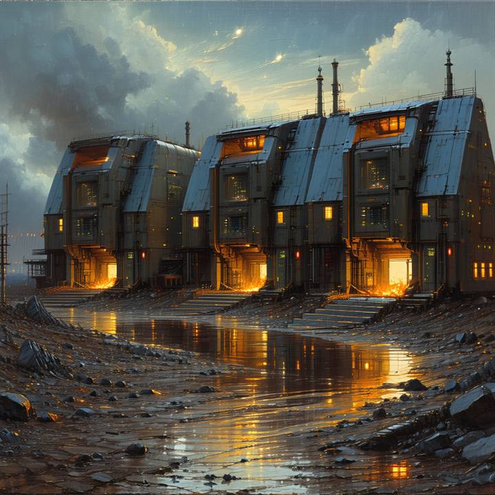 A snowbound village of lit houses under an overcast dusk sky