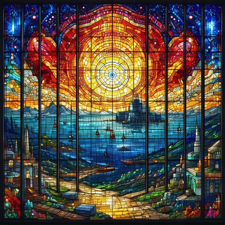 A red-and-gold stained-glass sunburst over a harbor