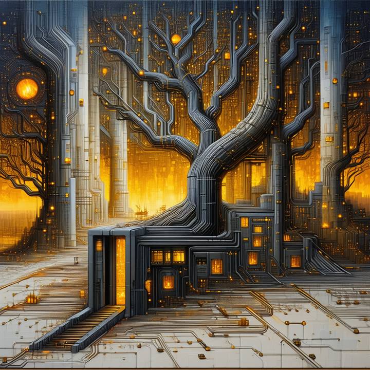 A great tree growing through a gold-lit architectural facade