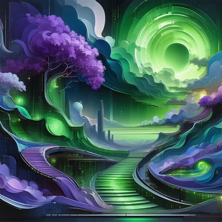 An abstract purple-and-green dreamscape with a lone tree and flowing land
