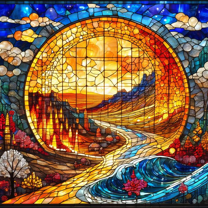 A warm stained-glass roundel of a sun above a winding river and hills