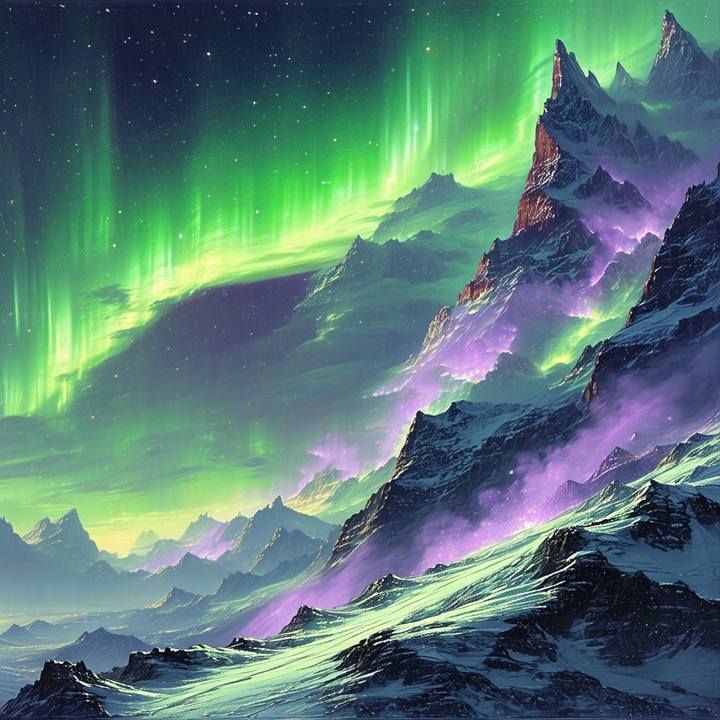 Green-and-violet aurora over snow-capped mountains