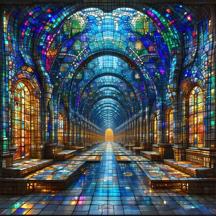 A blue stained-glass cathedral interior receding in deep perspective