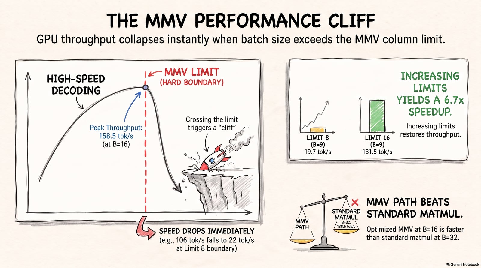 Illustrated explainer panel: a sketched throughput curve climbs to 8 concurrent requests and falls off a drawn cliff edge, with callouts for the fast matrix-vector kernel below the limit and the slow general path above it