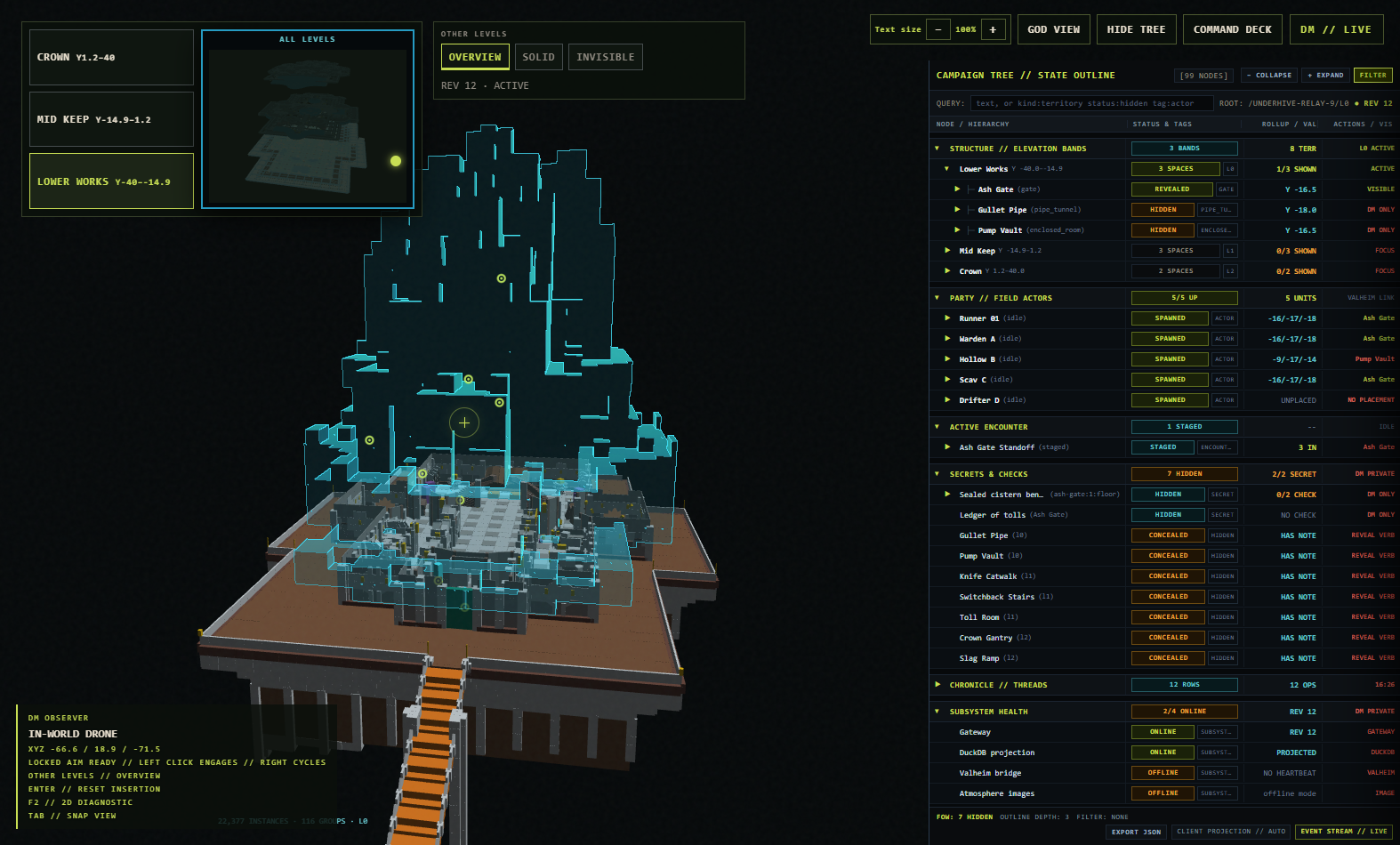DMos operator cockpit rendering 22,377 instances in WebGL2 with floor controls and campaign tree