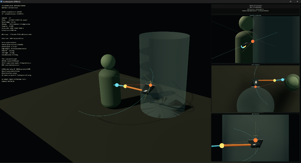 Related Lumberjacks Godot simulation harness showing axe swing planes and contact timing; not a capture of the GCP cutover