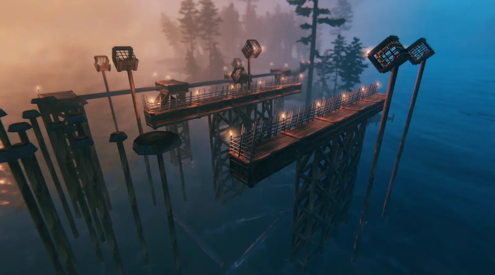 Pier lamps against the twilight