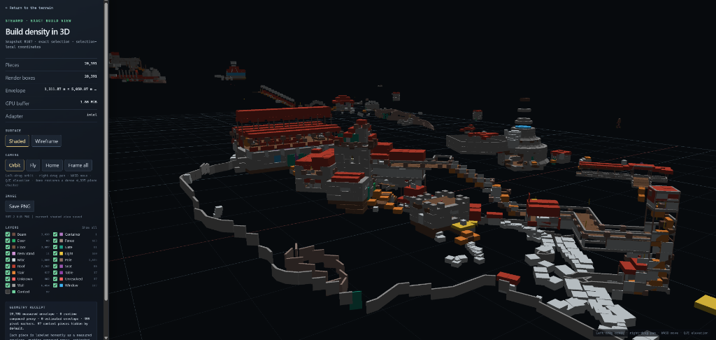 Steward 3D build view rendering 20,391 instanced architectural pieces in WebGL with layer breakdown and GPU buffer telemetry