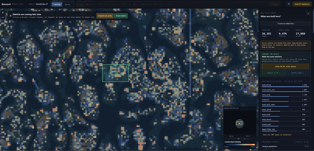 Steward World View plan browser showing heatmap, district selection of 20,391 objects, and density analytics